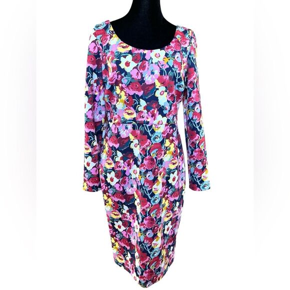 Betsey Johnson Dress Size 10 Long Sleeve Floral Scoop Neck Sheath Stretch - Picture 4 of 11